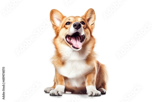 Cute corgi canine. Adorable brown and puppy poses happily in studio expressing playful joy and cheerful friendship on white background isolated © Bussakon