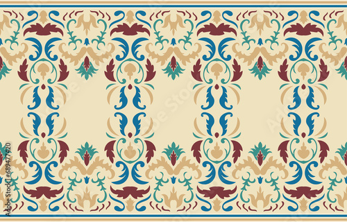 Ethnic seamless rolled flowers serve as fabric borders and are used as carpet border elements.