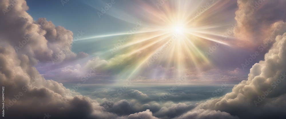 Sky landscape with clouds and sunburst with rainbow effect.