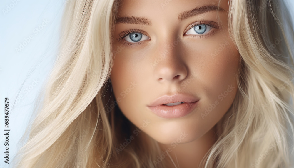 Close up portrait of young woman with long blonde hair and blue eyes. Skin care beauty, skincare cosmetics. Close up portrait of young woman with long blonde hair and blue eyes. Skin care beauty, skincare cosmetics.