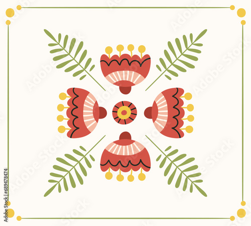 Folk symmetrical ready to use vector print in Scandinavian nordic style, hygge isolated design. Composition with classic ethnic elements. The scandi folk motif - mirror reflected flowers and leaves