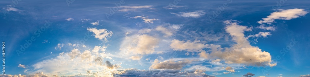 Obraz premium Sunset sky panorama with bright glowing pink Cumulus clouds. HDR 360 seamless spherical panorama. Full zenith or sky dome for 3D visualization, sky replacement for aerial drone panoramas.