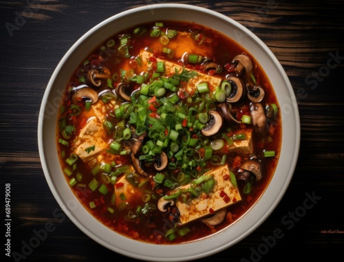 A delicious bowl of hot and sour soup with mushrooms and green onions. Generative AI.