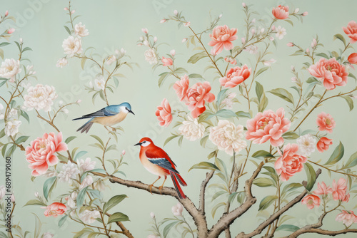 Chinoiserie wallpaper in floral theme  surface material texture