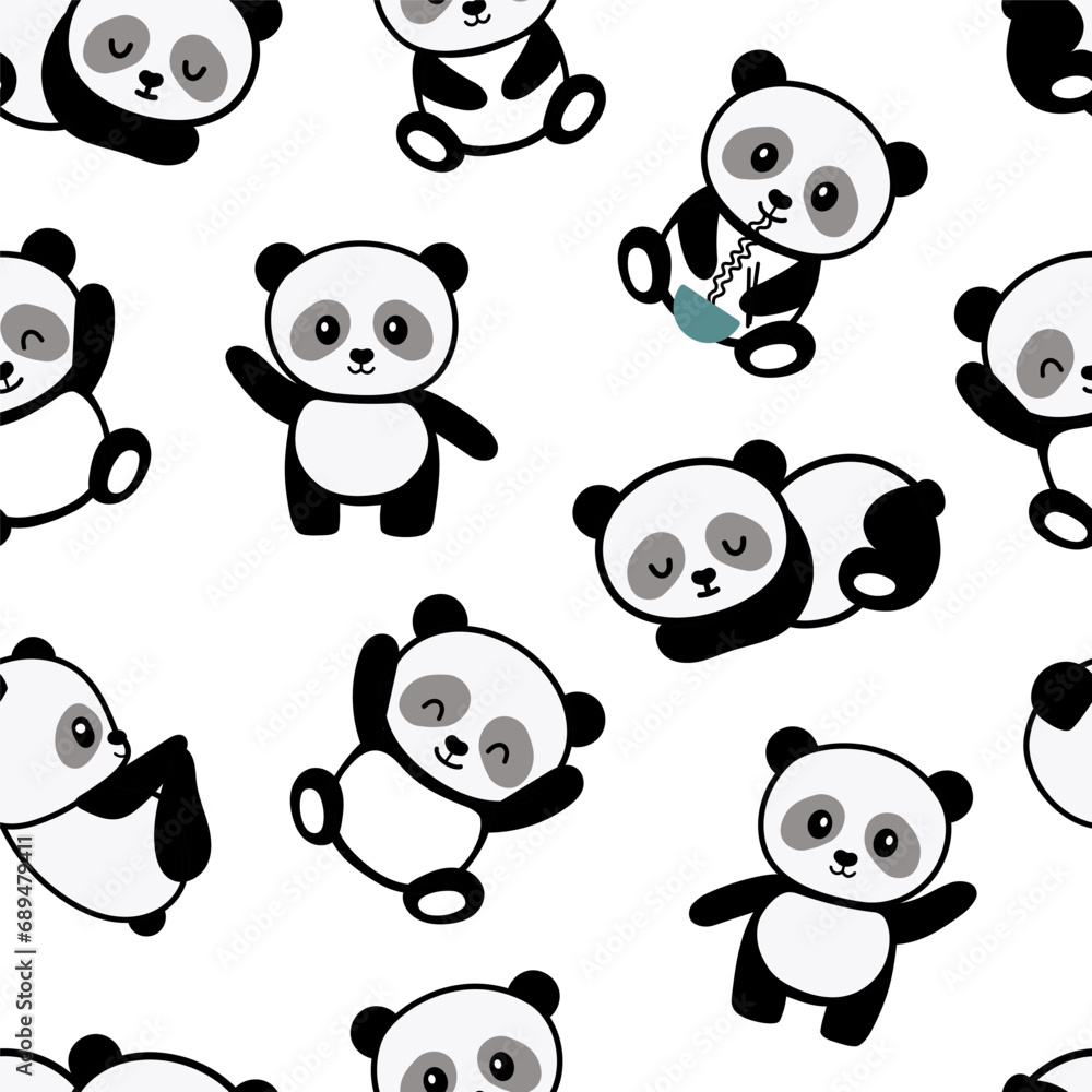 Seamless hand drawn pattern with stylized cute baby pandas in different positions - sleeping, sitting isolated on white background. Endless vector pattern for textiles or fabric for newborns. Seamless hand drawn pattern with stylized cute baby pandas in different positions - sleeping, sitting isolated on white background. Endless vector pattern for textiles or fabric for newborns.