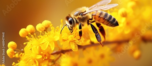 European honey bee drinking nectar from goldenrod flower. © 2rogan