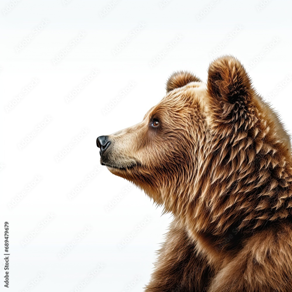 Fototapeta premium The muzzle of a large brown bear on a white background. Side view.