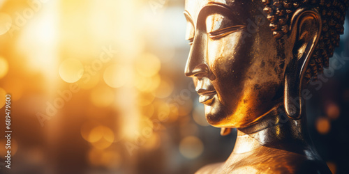 Golden buddha face with smiling face on blurred background with large space for text or copy photo