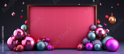 Abstract holiday banner with AI Generated rendered Christmas ornaments and neon rectangular frame.