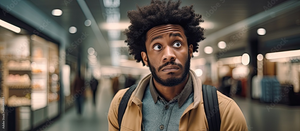 An African man with curly hair at a retail shop appears skeptical and nervous, frowning upset due to a problem while holding a Black Friday banner.