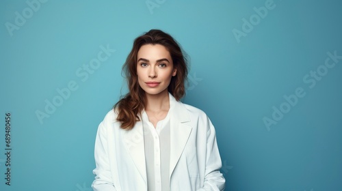 Doctor pharmacist woman, one Color background , copy space generative ai
