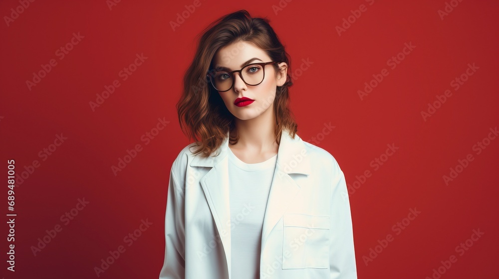 Doctor pharmacist woman, one Color background , copy space generative ai