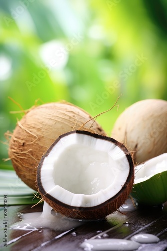 Open coconut on a premium resort, blurred background
