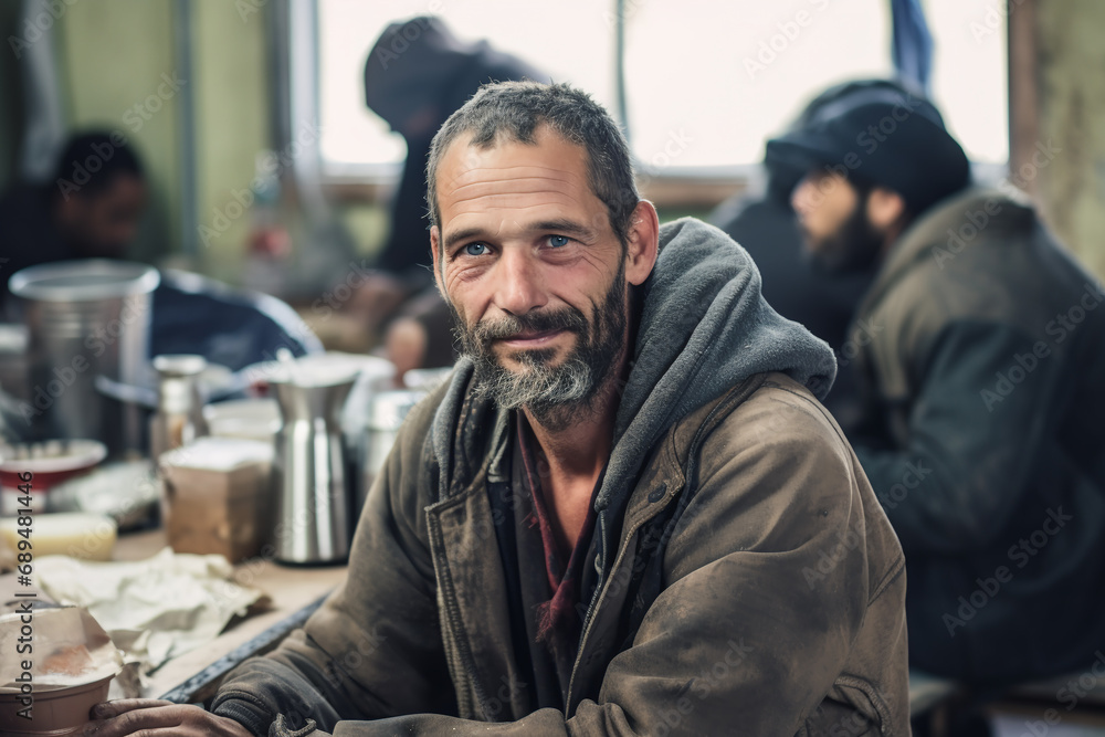 Homeless man sitting at table in shelter Homeless man sitting at table in shelter