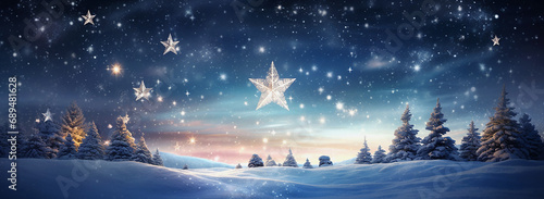 Winter landscape with snowy fir trees and falling snowflakes. Christmas background.