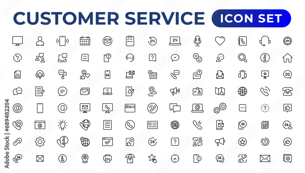 Customer service icon set. Containing customer satisfied, assistance, experience, feedback, operator and technical support icons.Thin outline icons pack. Customer service icon set. Containing customer satisfied, assistance, experience, feedback, operator and technical support icons.Thin outline icons pack.