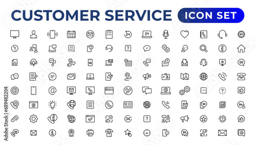 Customer service icon set. Containing customer satisfied, assistance, experience, feedback, operator and technical support icons.Thin outline icons pack.