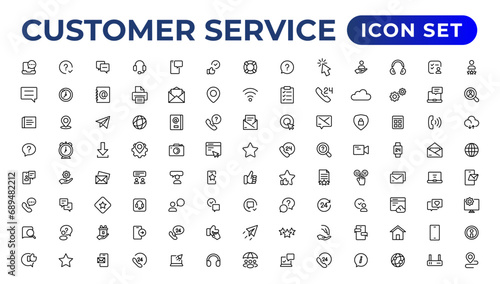 Customer service icon set. Containing customer satisfied, assistance, experience, feedback, operator and technical support icons.Thin outline icons pack.