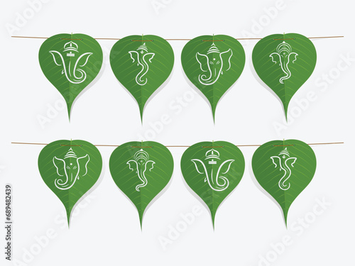peepal leaf cut ganpati Garland toran set.Decoration for Indian Hindu Auspicious Occasion, ganesh chaturthi special ornate vector.