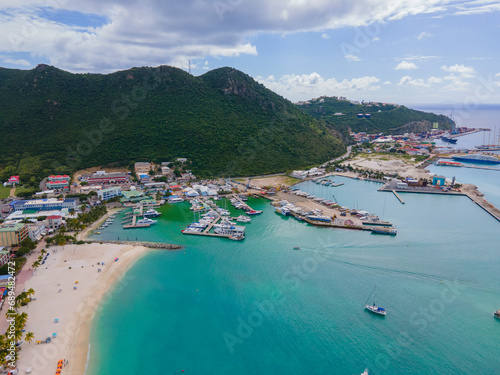 Philipsburg historic city center aerial view including Cruise Pier and beach on Broadwalk at Great Bay, Philipsburg, Sint Maarten, Dutch Caribbean.  photo