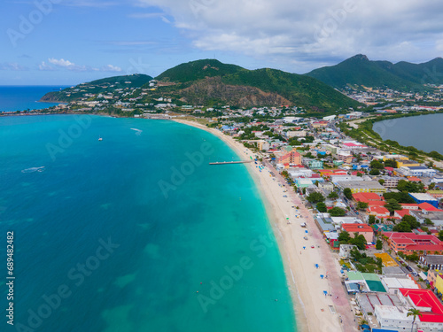 Philipsburg historic city center aerial view including Front Street and beach on Broadwalk at Great Bay, Philipsburg, Sint Maarten, Dutch Caribbean. 