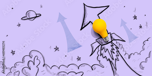 Idea light bulb flying to the sky like a rocket with arrows - Flat lay