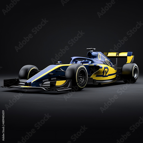 a blue and yellow race car
