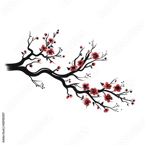 a black and red tree branch with flowers