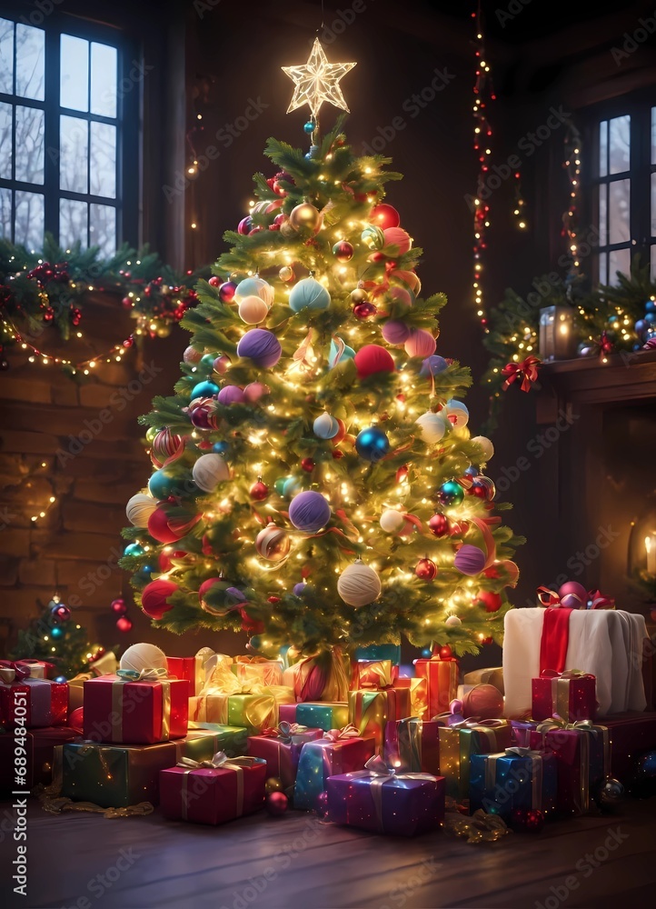 A festive indoor Christmas decoration with a Christmas tree decorated with bright garland lights, colored balls and lots of gifts.