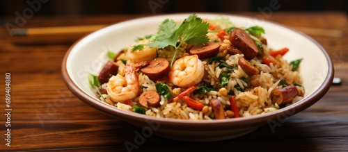 Chinese-style fried rice with roasted dried sausage, shrimp, peanut, and coriander