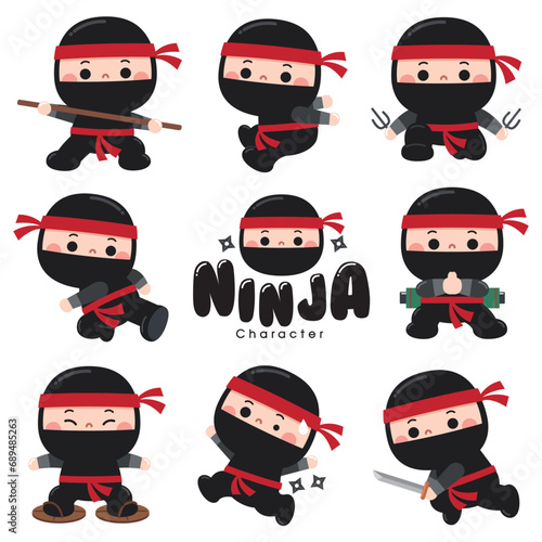 Vector illustration of Cartoon Cute Ninja character set. Kids costume ninja