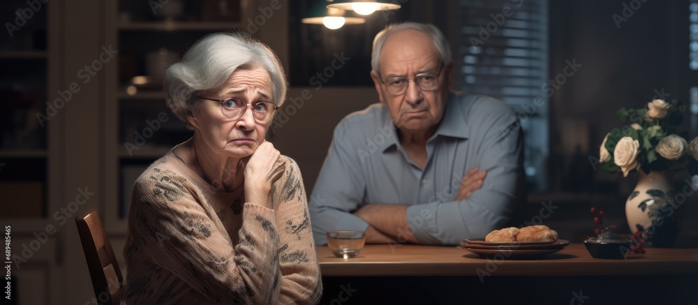 Elderly couple in conflict, ignoring each other at home, upset over family issues and finances.