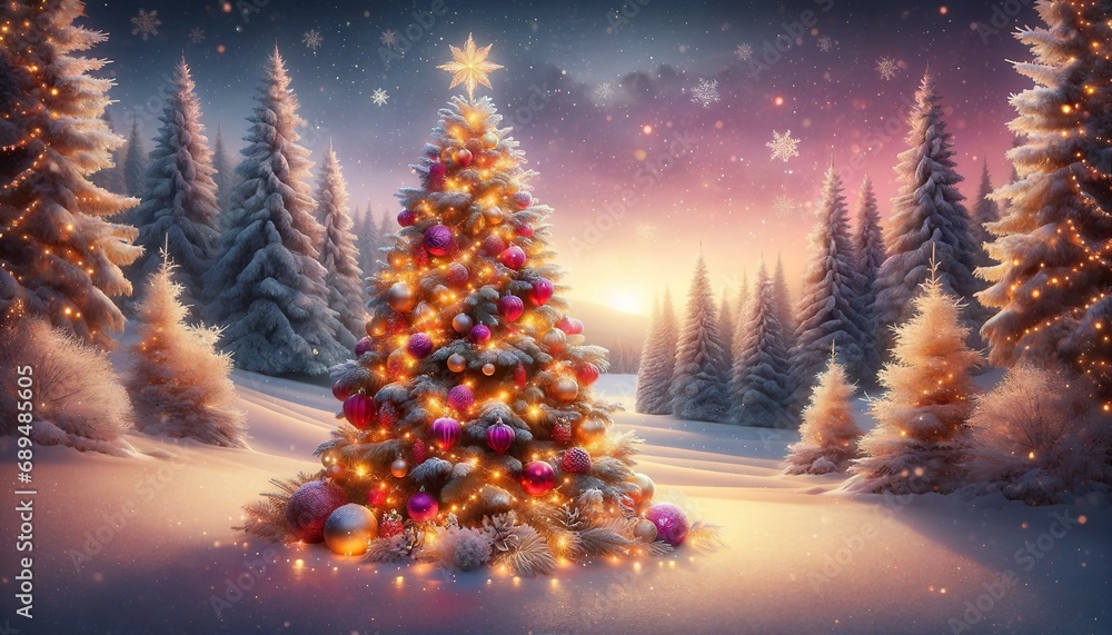 winter landscape featuring a charming Christmas tree. The tree is lavishly decorated with sparkling lights, vivid ornaments