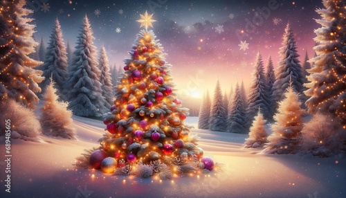 winter landscape featuring a charming Christmas tree. The tree is lavishly decorated with sparkling lights, vivid ornaments © adobestock.art