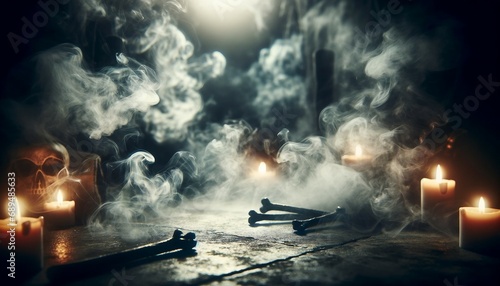 An abstract Halloween background depicting smoke on a cement floor. The image should capture the essence of a spooky atmosphere with defocused fog