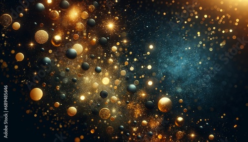 abstract background with dark blue and gold particles, creating a luxurious and festive atmosphere. The scene features Christmas golden light shine