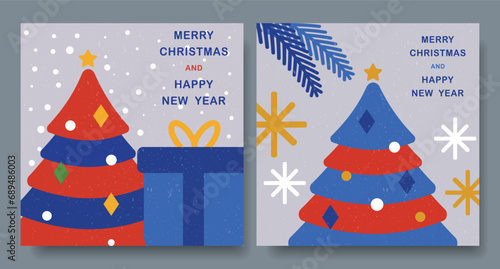 Merry Christmas and Happy New Year, greeting card with a voluminous tree and gifts. The background is blue.