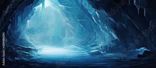 Icy cave beneath frozen water.