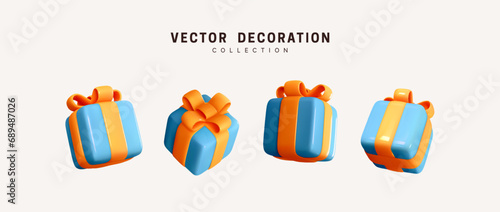 Set of realistic 3d gifts box. Holiday decoration presents. Festive gift surprise. Decor Isolated boxes. Vector illustration