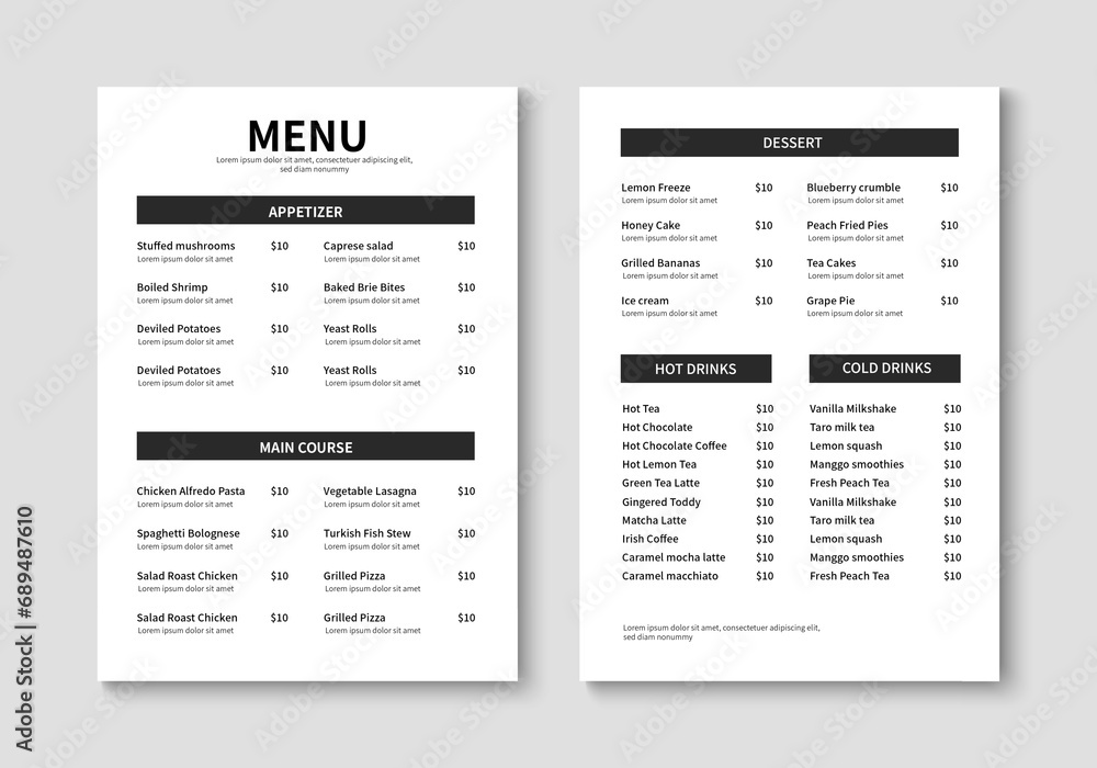 Restaurant menu template. Brochure layout design for restaurant and cafe menu. Food and drink flyer. Vector illustration