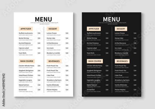 Menu template for restaurant and cafe. Minimalist restaurant menu booklet design. Brochure, cover, flyer design. Vector illustration
