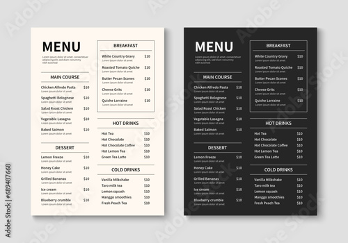 Menu template for restaurant and cafe. Minimalist restaurant menu booklet design. Brochure, cover, flyer design. Vector illustration photo