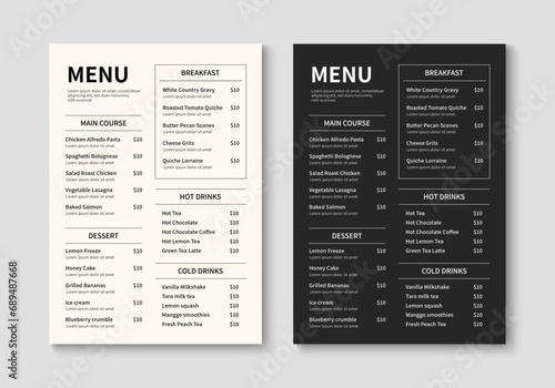 Menu template for restaurant and cafe. Minimalist restaurant menu booklet design. Brochure, cover, flyer design. Vector illustration