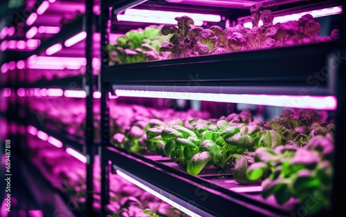 Hydroponic grow rack indoor farming with growing lettuces and tomatoes, violet LED glow lights photo
