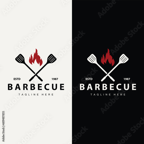 Barbeque logo design bar restaurant hot grill fire logo and spatula simple illustration