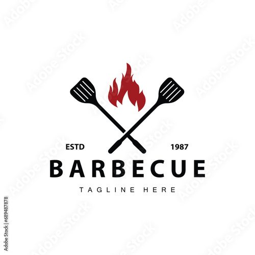 Barbeque logo design bar restaurant hot grill fire logo and spatula simple illustration