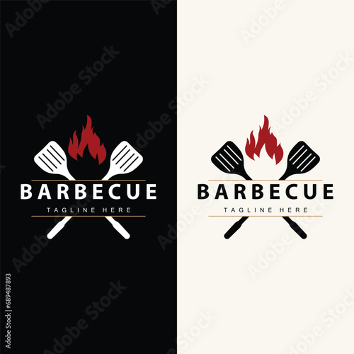 Barbeque logo design bar restaurant hot grill fire logo and spatula simple illustration
