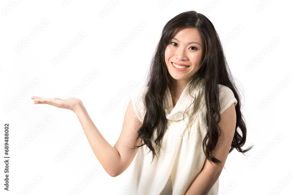 Woman holding out hand to show something. Woman holding out hand to show something.