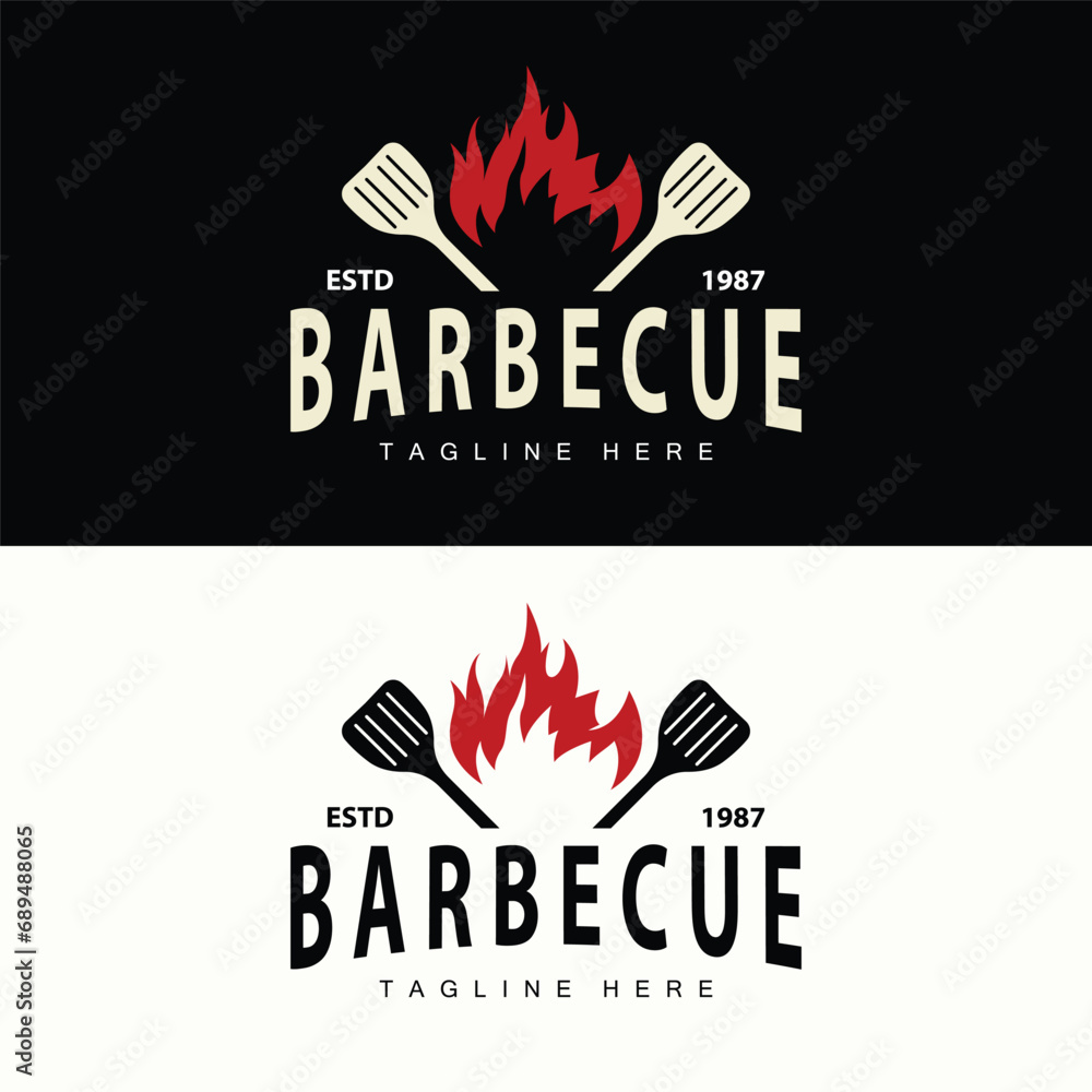 Barbeque logo design bar restaurant hot grill fire logo and spatula simple illustration