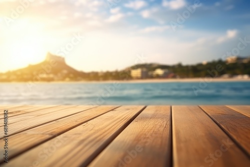 The empty wooden brown table top with blur background of seaside resort. Exuberant image. generative AI